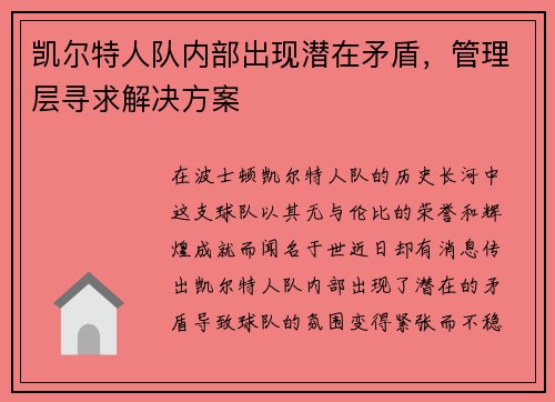 凯尔特人队内部出现潜在矛盾，管理层寻求解决方案
