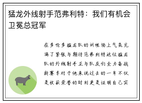 猛龙外线射手范弗利特：我们有机会卫冕总冠军