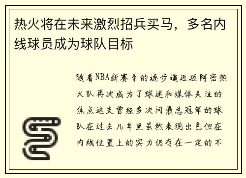 热火将在未来激烈招兵买马，多名内线球员成为球队目标